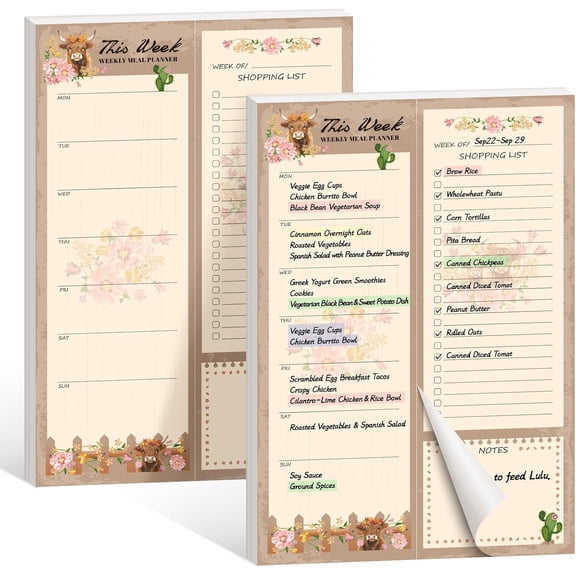 2 Pcs Highland Cow Gifts 8.3 x 5.5 Inch Weekly Meal Planner for Fridge 50 Pages Magnetic Menu Planner and Grocery List for Mother Day Kitchen