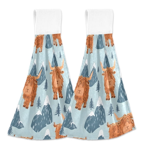 2 Pcs Highland Cow and Mountains Kitchen Hand Towels with Hanging Loops Absorbent Soft Fast Drying Decor Bath Towels