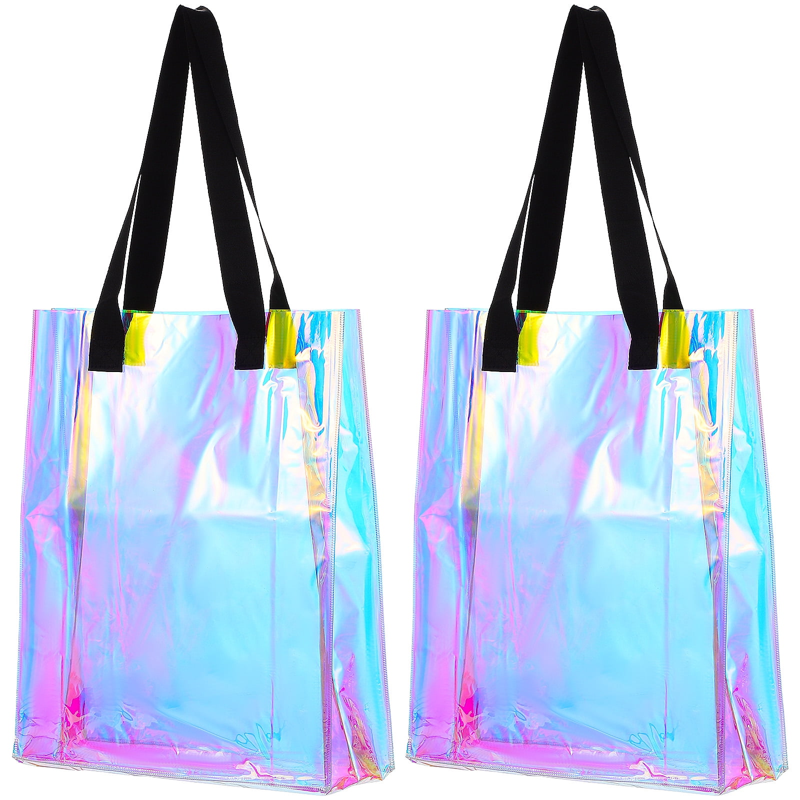 2 Pcs Holographic Clear Tote Bags Reusable Handbags Tote Shoulder Bags with Handle for Grocery Shopping Parties Events