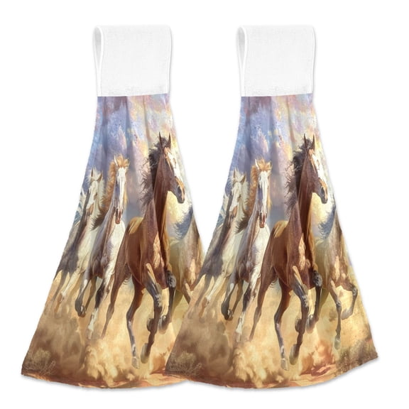 2 Pcs Horse Galloping on Desert Kitchen Hand Towels with Hanging Loops Absorbent Soft Fast Drying Decor Bath Towels