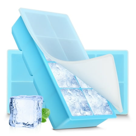 2 Pcs Ice Cube Trays with Lid  Silicone Lager Ice Tray Molds for Freezer Big Square Ice Cube for Whiskey, Cocktails, Baby Food, Juices Blue
