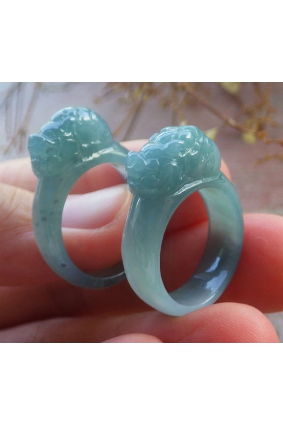 2 Pcs Icy Green Natural A JADE Jadeite Dragon Pi Xiu RING USA. 5.25 & 6.75 RING 701703 TN
