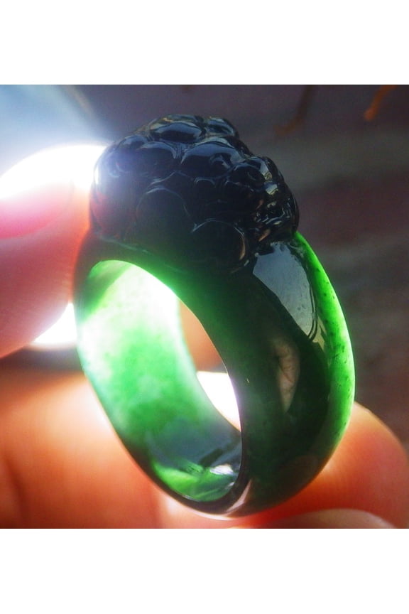 2 Pcs Icy Green Natural A JADE Jadeite Dragon Pi Xiu RING USA. 7.75 & 8.25 RING 701602 TN