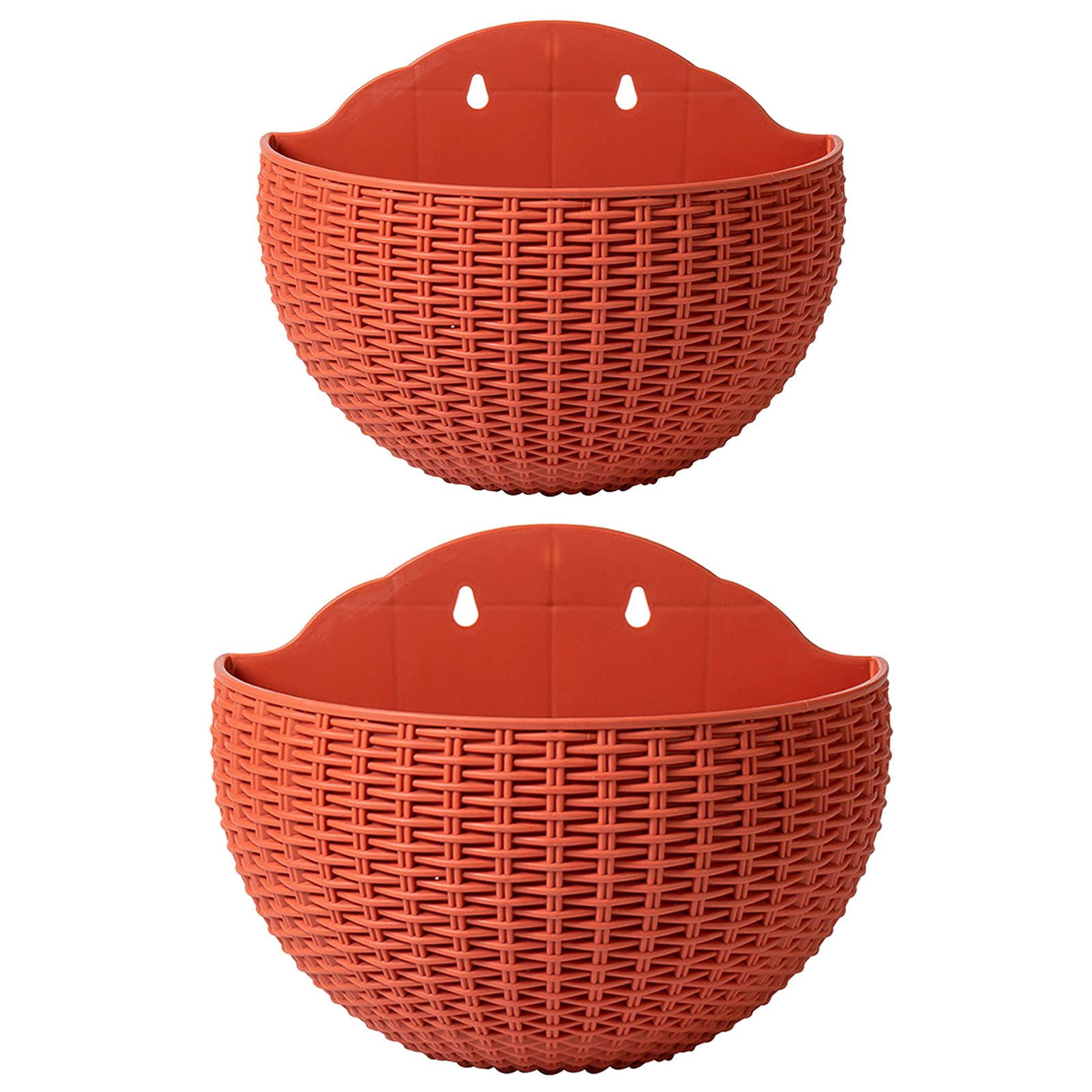 2 Pcs Imitation Rattan Wall Hanging Flower Pot, Semicircle Hanging Planters Outdoor with Drainage Hole and Hooks
