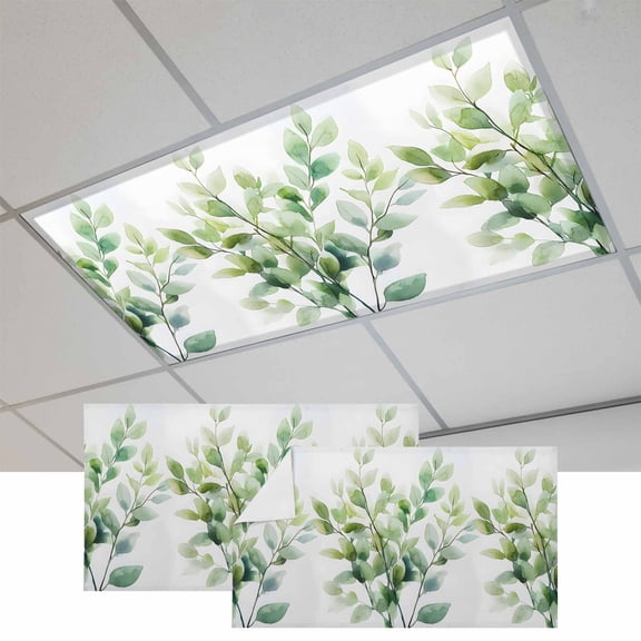 2 Pcs Impressionist Style Fluorescent Light Covers Modern Style Green Breach Magnetic Light Covers for Ceiling Lights 4 x 2 ft Drop Ceiling Lights Cover Shade for Office, Home, Hospital