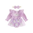 thumbnail image 1 of 2 Pcs Infant Girl Halloween Outfit Ruffle Long Sleeve Neck Pumpkin/Ghost Embroidery Romper Dress and Headband Set, 1 of 9