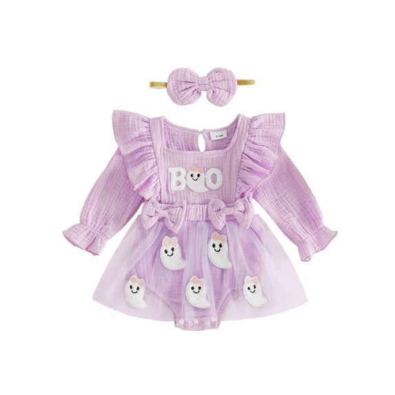 2 Pcs Infant Girl Halloween Outfit Ruffle Long Sleeve Neck Pumpkin/Ghost Embroidery Romper Dress and Headband Set