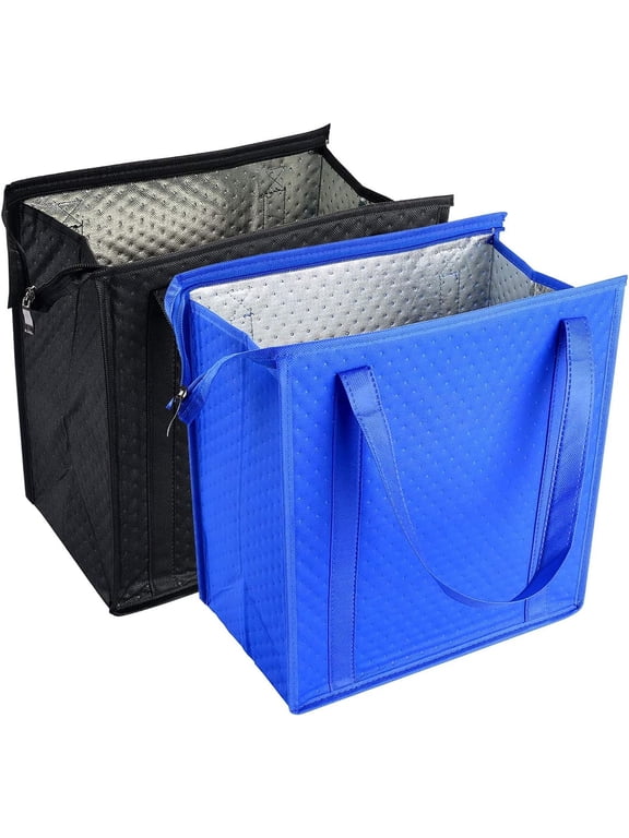 2 Pack Insulated Cooler Bag, Reusable Grocery Bags with Zipper for Food Delivery, Black & Blue