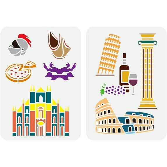 2 Pcs Italian Landmarks Large Stencil 8.3x11.7" Venice Pattern Painting Stencil Roman Colosseum Stencil Leaning Tower of Pisa Stencil Pizza Wine Template for DIY Project Airbrush Crafts