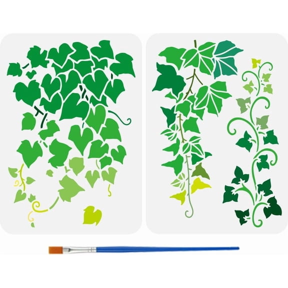 2 Pcs Ivy Pattern Stencils with a Paint Brush 11.7x8.3Inch Ivy Vine Painting Stencils Reusable Plant Vine Decoration Stencils Plant Themes Vine Cluster Template for DIY Making