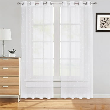 2 Pcs Jacquard Tulle Window Curtains, Faux Linen Textured Solid Grommet Voile Sheer Curtains