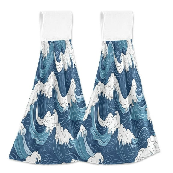 2 Pcs Japanese Style Waves Kitchen Hand Towels with Hanging Loops Absorbent Soft Fast Drying Decor Bath Towels