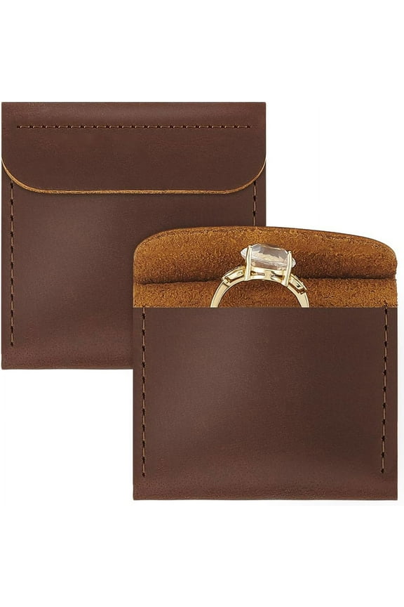 2 Pcs Jewelry Pouches for Rings Square Camel Engagement Ring Pouch 2.3Inch Leather Ring Pouch Leather Ring Holder Bags Wedding