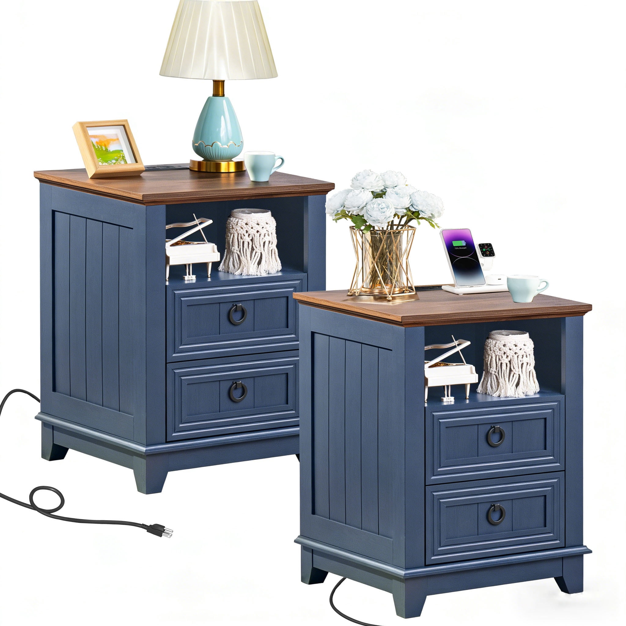 2 Pcs Joaxswe 2 Drawers Farmhouse Nightstand with Charging Station, Bedside Table with Drawers for Bedroom, Adult End Table with Open Shelf, Navy