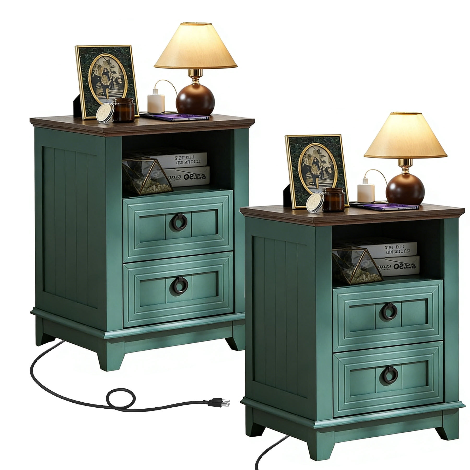 2 Pcs Joaxswe Farmhouse 18" Nightstand with Charging Station, Rustic Metal Wood End Tables with 2 Drawers, Adult Side Tables for Living Room, Green