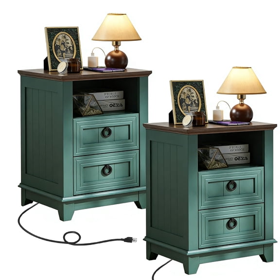 2 Pcs Joaxswe Farmhouse 18" Nightstand with Charging Station, Rustic Metal Wood End Tables with 2 Drawers, Adult Side Tables for Living Room, Green