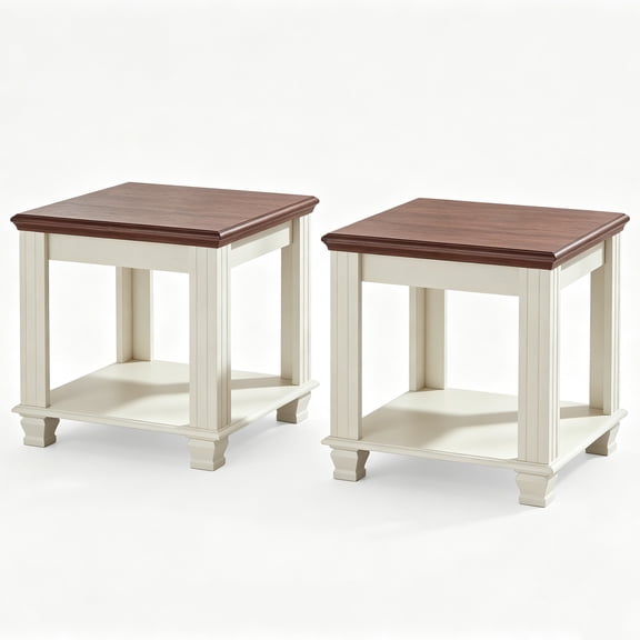 2 Pcs Joaxswe Farmhouse End Table with 2-Tier Storage Shelf, Large Square Side Table, Small Coffee Table for Living Room, White