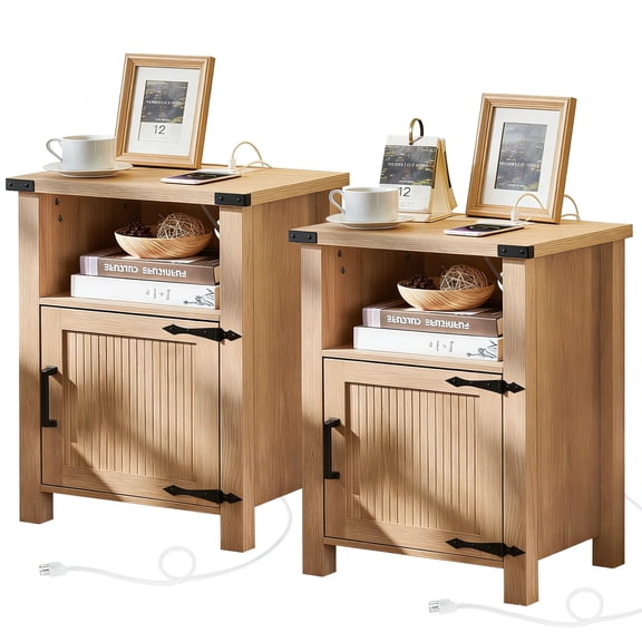 2 Pcs Joaxswe Nightstand with Charging Station for Bedroom, Narrow Sofa Side Table with Storage For Small Spaces, Adult Bedside Table with Door, Natural
