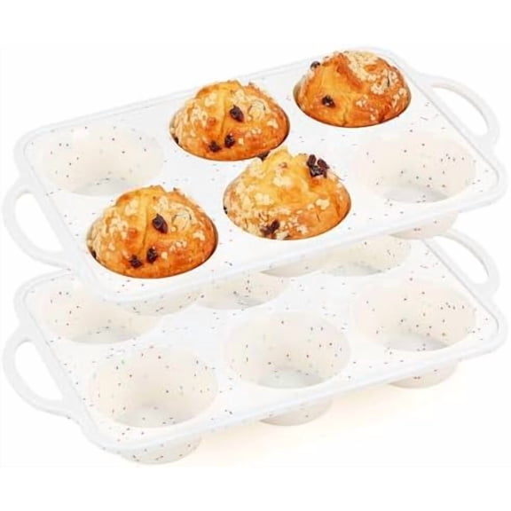 2 Pcs Jumbo Muffin Pan with Metal Frame, Nonstick 6 Cup Extra Large Cupcake Pan for Baking, Silicone Deep Muffin Tray for Egg Bites (Cream)