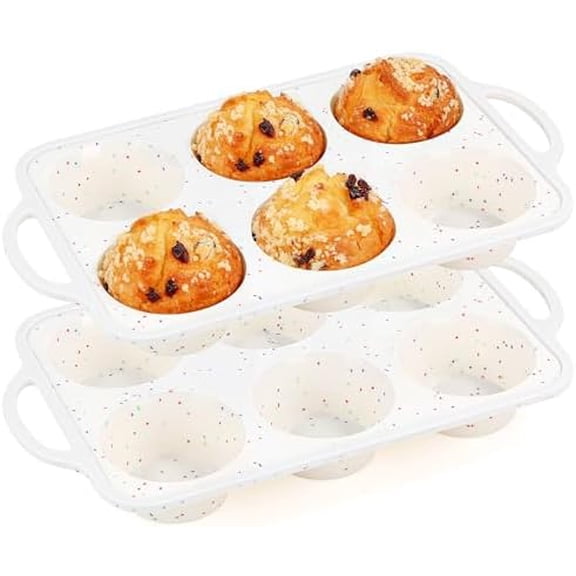 2 Pcs Jumbo Muffin Pan with Metal Frame, Nonstick 6 Cup Extra Large Cupcake Pan for Baking, Silicone Deep Muffin Tray for Egg Bites (Cream)