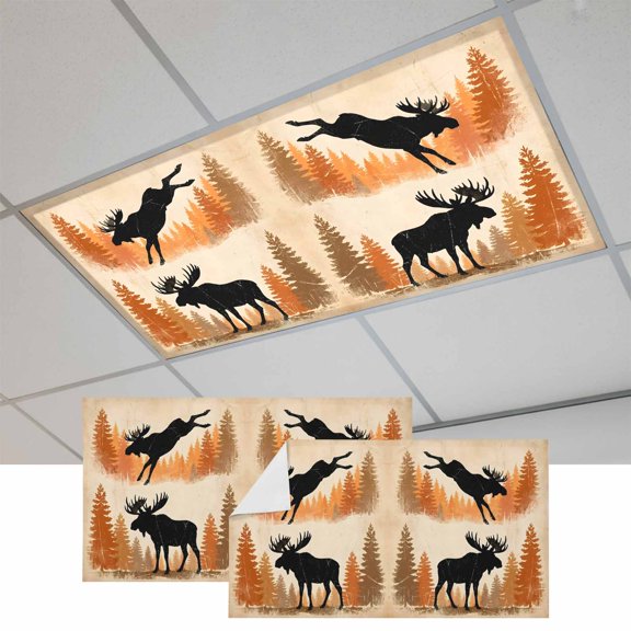 2 Pcs Jumping Moose Fluorescent Light Covers Forest Animal Silhouette Rustic Magnetic Light Covers for Ceiling Lights 4 x 2 ft Drop Ceiling Lights Cover Shade for Office, Home, Hospital
