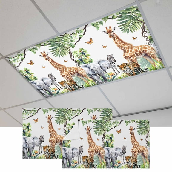 2 Pcs Jungle Animals Fluorescent Light Covers Giraffe Zebra Elephant Tiger Hawaii Tropical Plant Magnetic Light Covers for Ceiling Lights 4 x 2 ft Drop Ceiling Lights Cover Shade for Office, Home