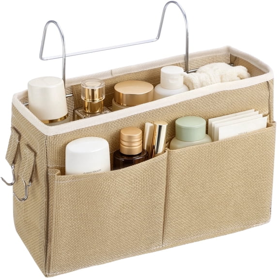 2Pack Jute Bedside Storage Caddy 11.8" x 3.9" x 7.5" Hanging Bed Organizer with Waterproof Lining, Strong Metal Hooks, MultiPocket Design for Bedroom, Dorm & Bunk Bed, Beige
