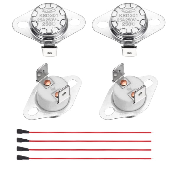 2 Pcs KSD301 Thermostat 250C/482F 25A Normally Closed N.C Adjust Snap Disc Temperature Switch with Terminal Wire for Microwaves,Oven,Coffee Maker