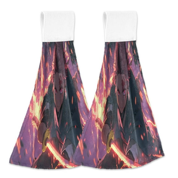 2 Pcs Kamado Tanjirou Waving Sword Kitchen Hand Towels with Hanging Loops Absorbent Soft Fast Drying Decor Bath Towels