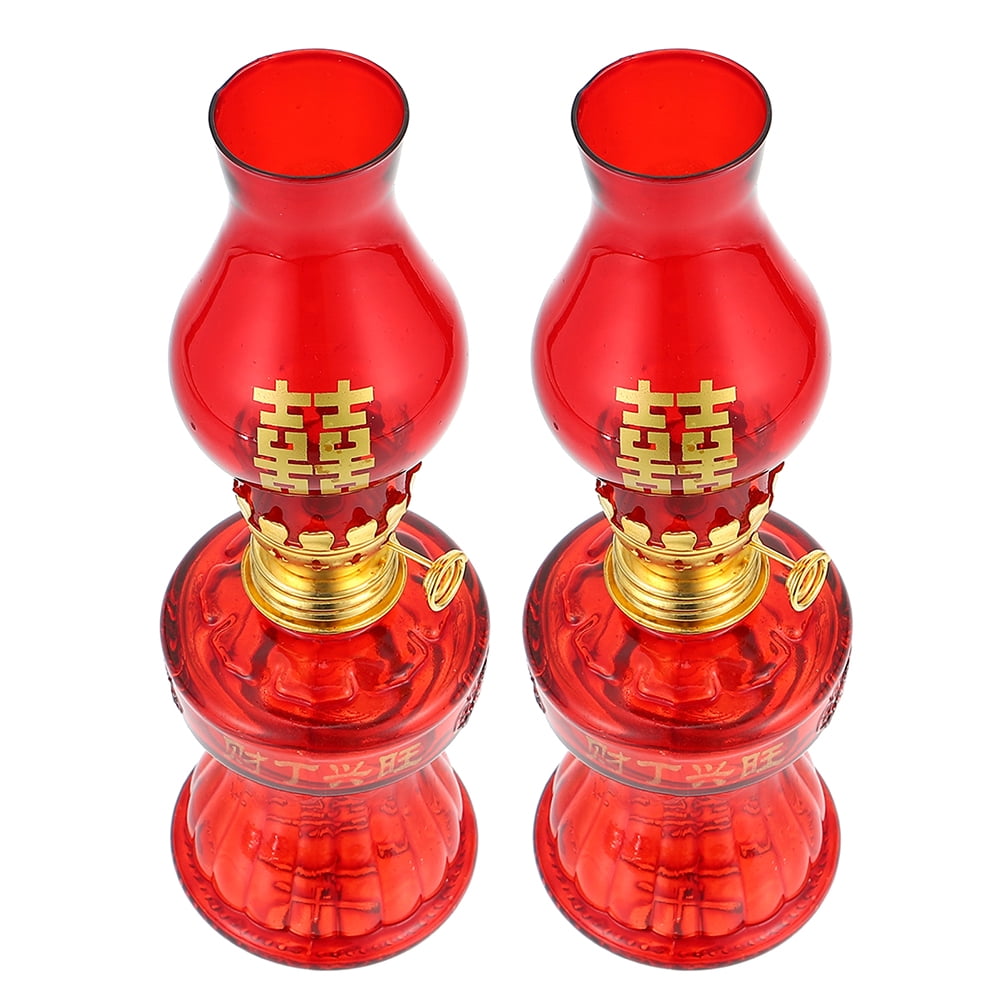 2 Pcs Kerosene Lamp Stained Glass Decor Tabletop Wedding Light Red