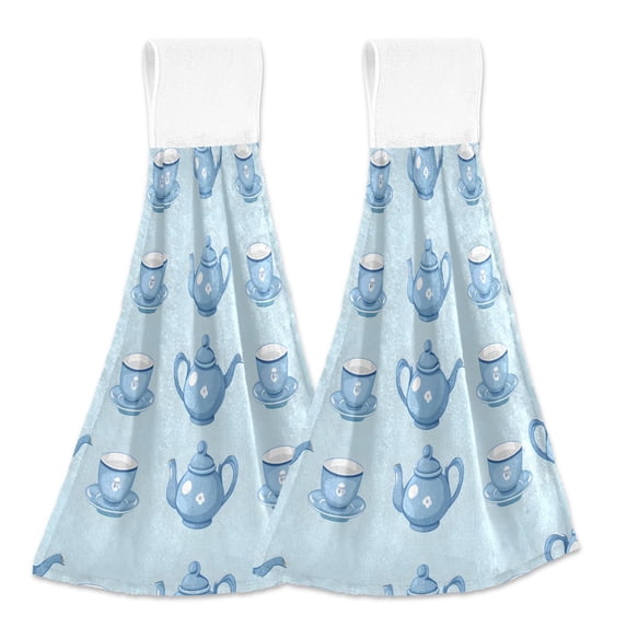 2 Pcs Kettle and Tea Cup Kitchen Hand Towels with Hanging Loops Absorbent Soft Fast Drying Decor Bath Towels