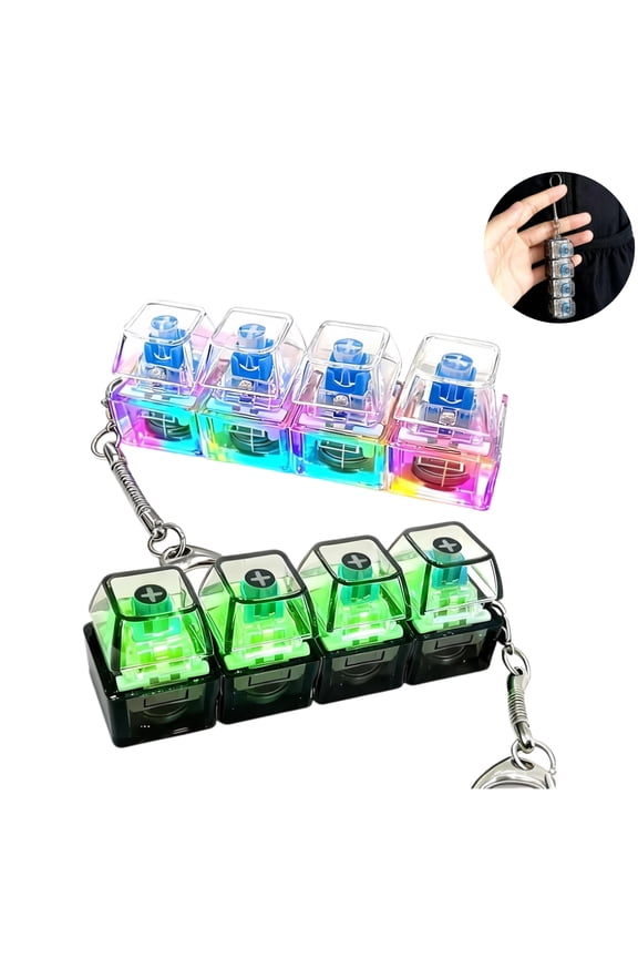 2 Pcs Keyboard Fidget Keychain with LED Lights, 4-in-1 Stress Relief Clicker Toy, Keyboard Button Finger Clicker for Anxiety Relief for Office Home