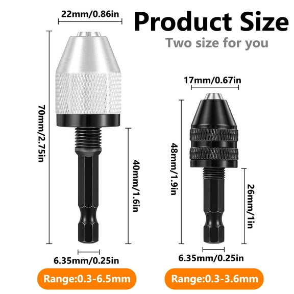 2 Pcs Keyless Drill Chuck Conversion Tool, 1/4 Inch Hex and Round Shanks Keyless Drill Chuck Adapter, 0.3-6.5 mm&0.3-3.6 mm Quick Screwdriver Drill Adapter for Micro Drill Bit