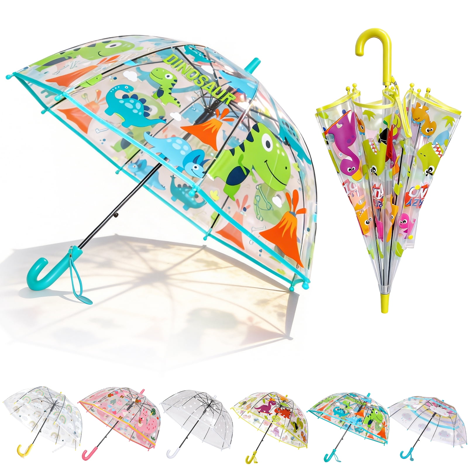 2 Pcs Kids Clear Bubble Umbrella, Unicorn Pattern with Easy Grip Curved Handle, Safe Transparent Umbrella for Toddler Girls