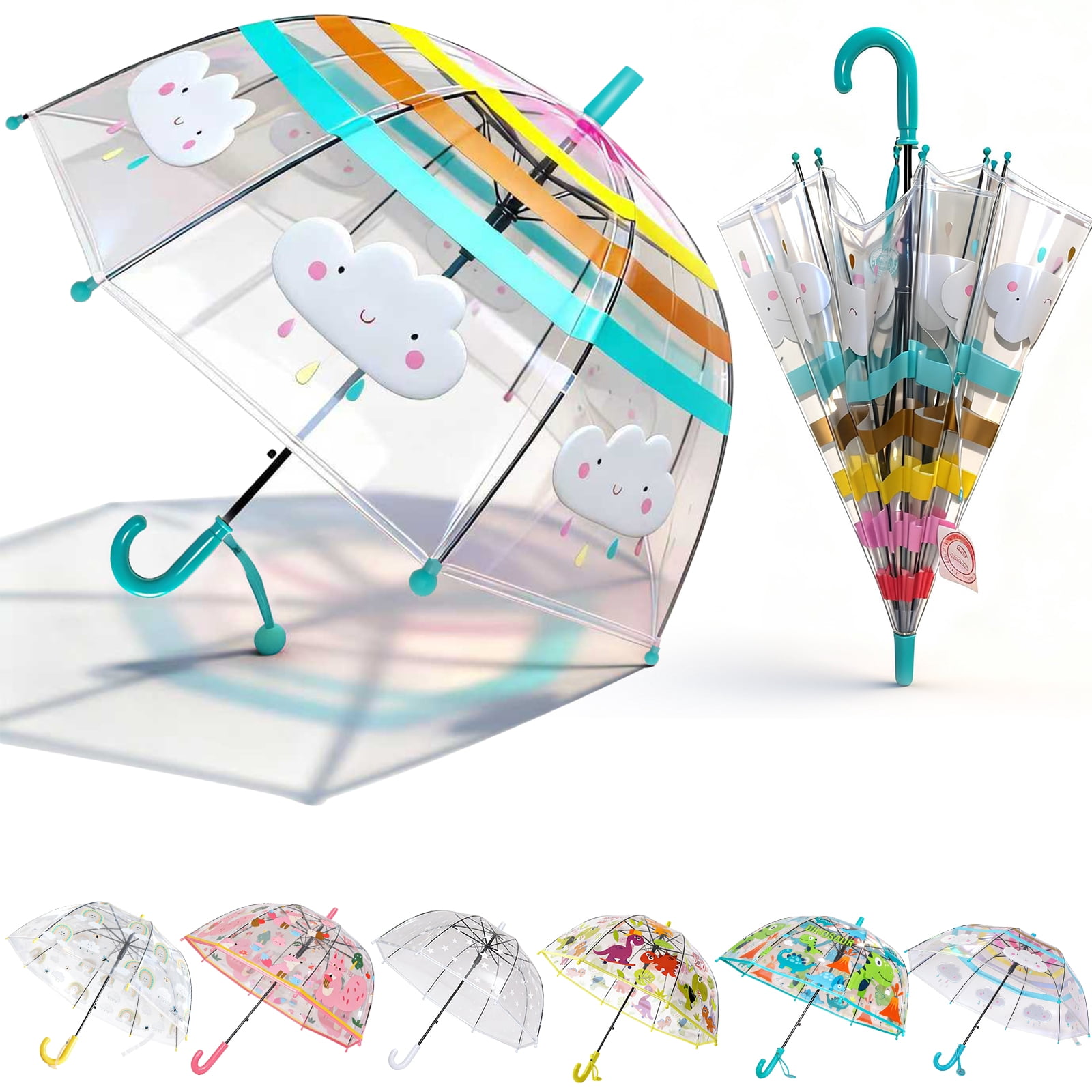 2 Pcs Kids Clear Bubble Umbrella, Unicorn Pattern with Easy Grip Curved Handle, Safe Transparent Umbrella for Toddler Girls