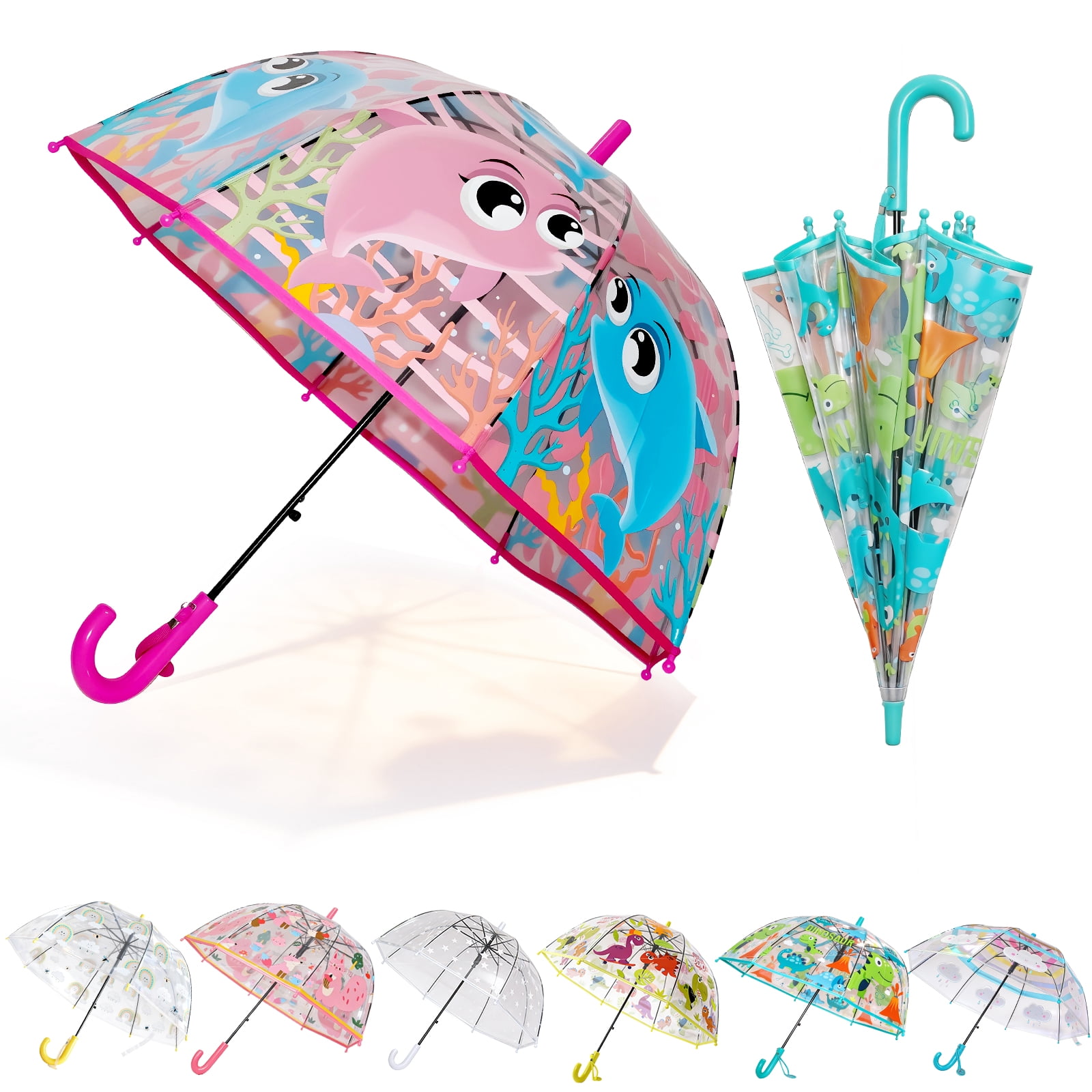 2 Pcs Kids Clear Bubble Umbrella, Unicorn Pattern with Easy Grip Curved Handle, Safe Transparent Umbrella for Toddler Girls