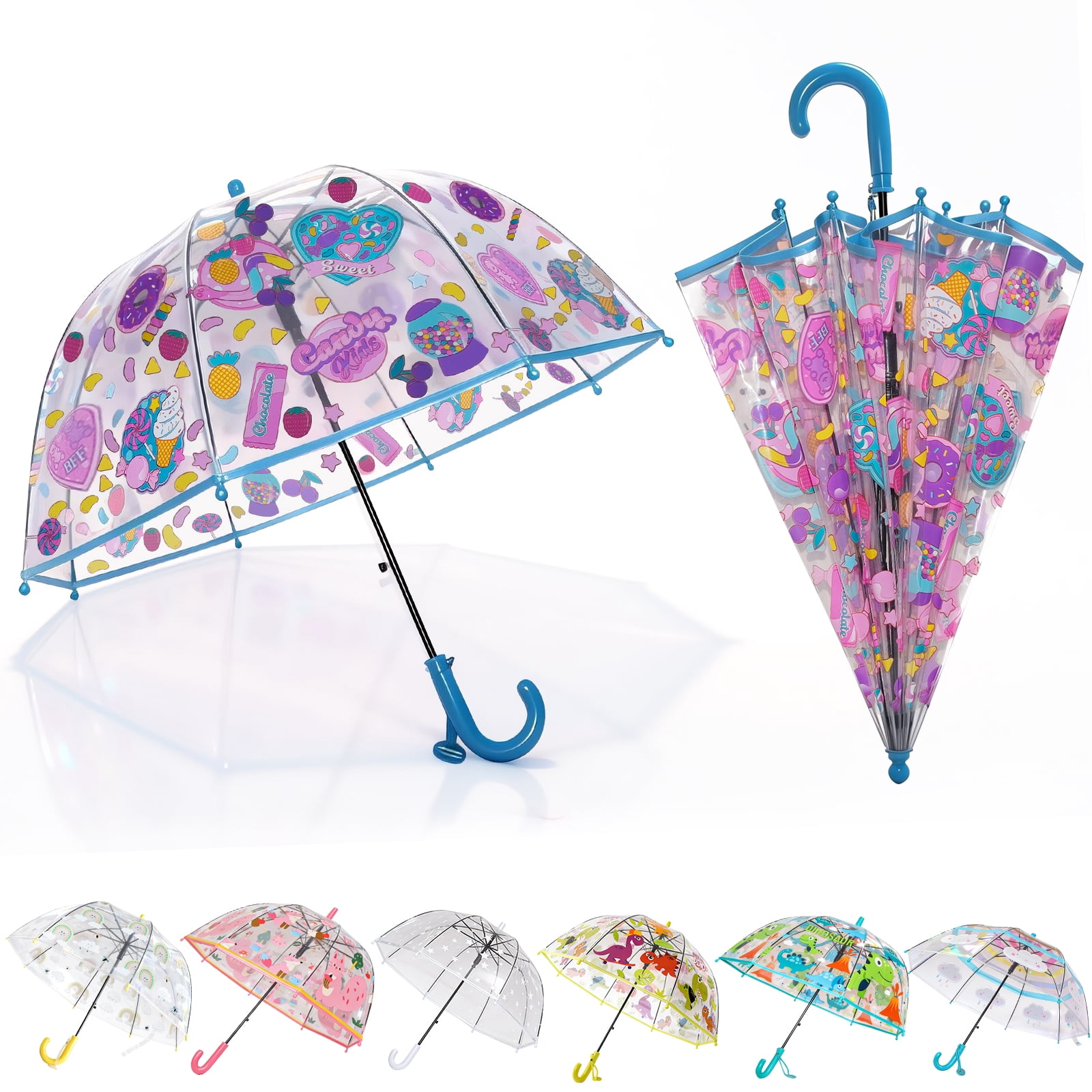2 Pcs Kids Clear Bubble Umbrella, Unicorn Pattern with Easy Grip Curved Handle, Safe Transparent Umbrella for Toddler Girls