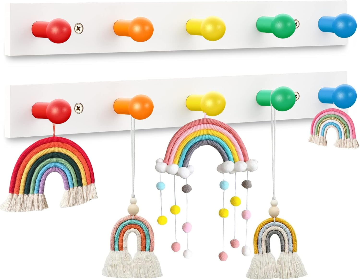 2 Pcs Kids Coat Rack Wall Mount Rainbow Kids Wall Hooks Wooden Coat ...