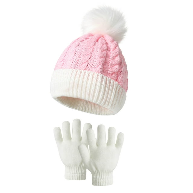 2 Pcs Kids Knitted Hat Gloves Set Winter Warm Boys Girls Cable Knit
