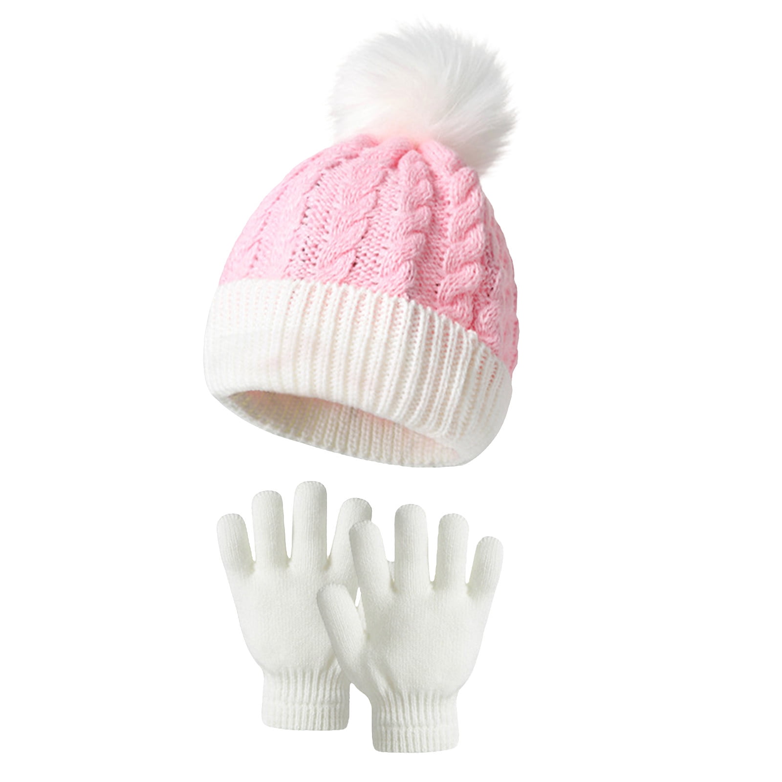 2 Pcs Kids Knitted Hat Gloves Set Winter Warm Boys Girls Knit Cute