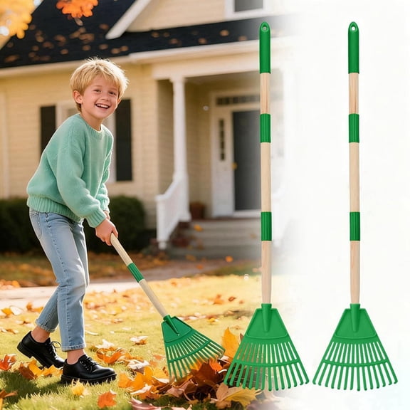 2 Pcs Kids Rakes with Wood Handle - 34inch Light Plastic Garden Rake for Leaves, Safe to Use Kid Yard Tools