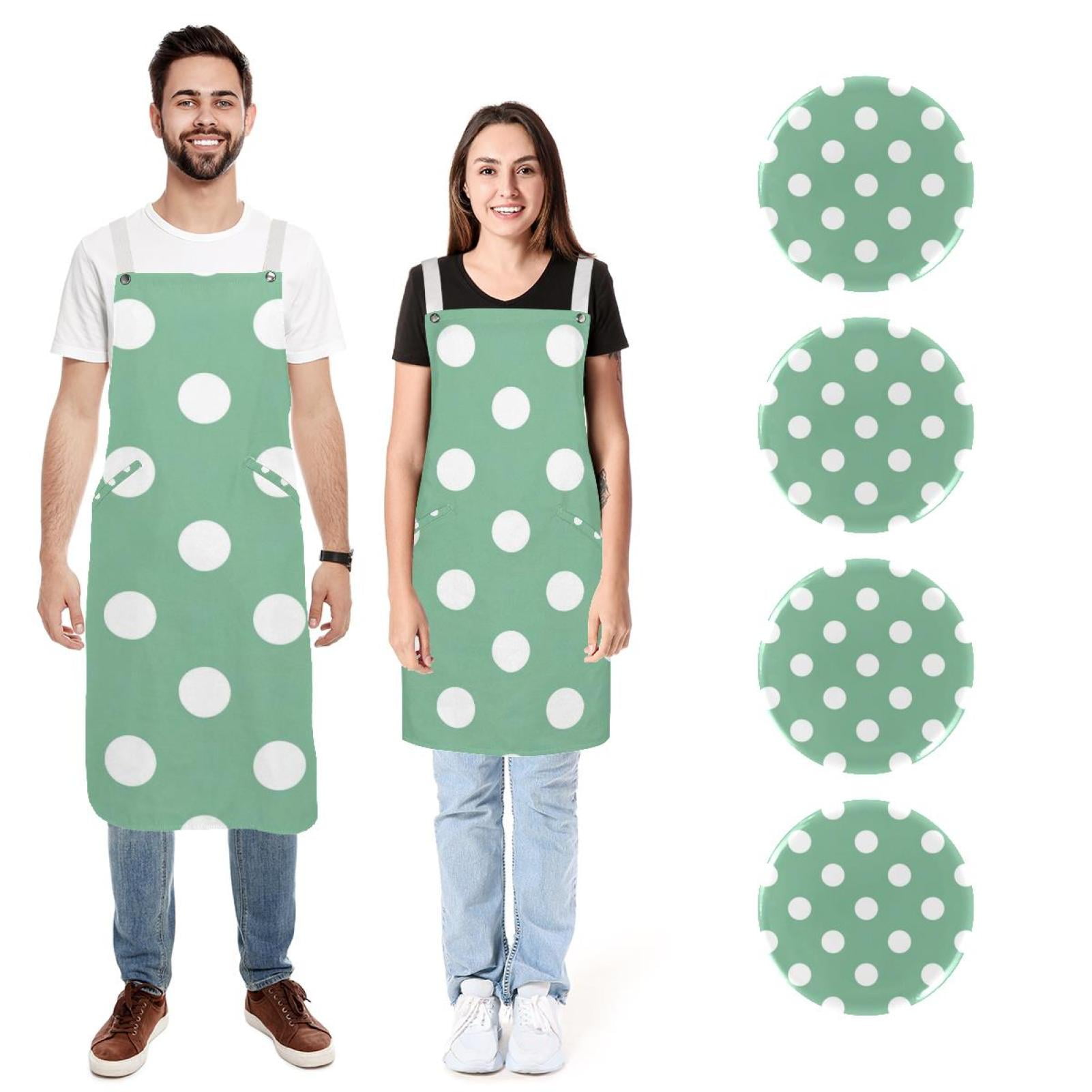 2 Pcs Kitchen Cooking Aprons, Spring Green White Polka Dot, Waterproof