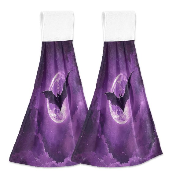 2 Pcs Kitchen Hand Towels with Hanging Loops Absorbent Soft Fast Drying Decor Bath Towels Bats Flying in Moon Night