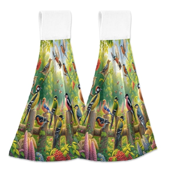 2 Pcs Kitchen Hand Towels with Hanging Loops Absorbent Soft Fast Drying Decor Bath Towels Birds Play in Forest