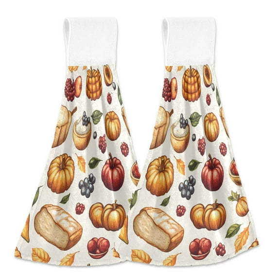 2 Pcs Kitchen Hand Towels with Hanging Loops Absorbent Soft Fast Drying Decor Bath Towels Bread Berry Pumpkin