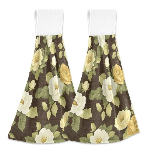 2 Pcs Kitchen Hand Towels with Hanging Loops Absorbent Soft Fast Drying Decor Bath Towels Brown Cream Roses