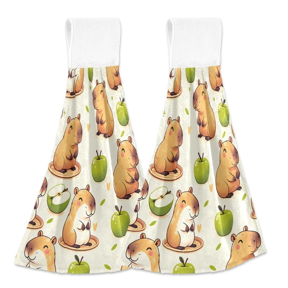 2 Pcs Kitchen Hand Towels with Hanging Loops Absorbent Soft Fast Drying Decor Bath Towels Capybara with Apple