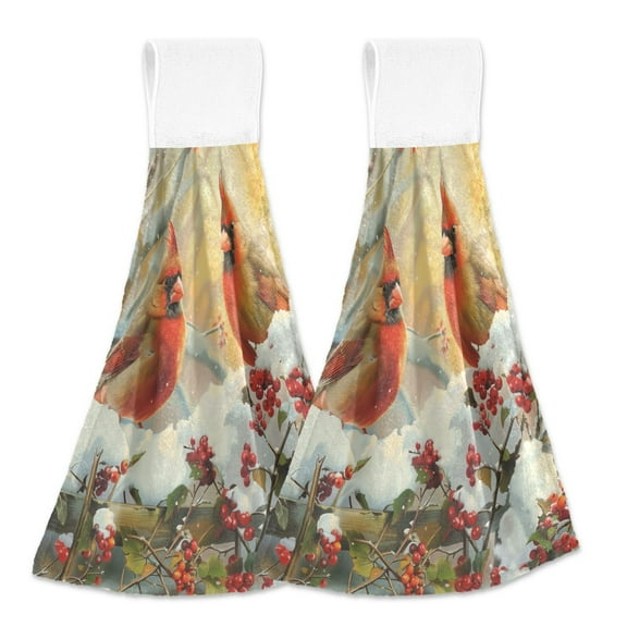 2 Pcs Kitchen Hand Towels with Hanging Loops Absorbent Soft Fast Drying Decor Bath Towels Cardinals Bird on Garden Fence
