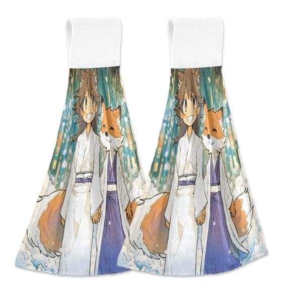 2 Pcs Kitchen Hand Towels with Hanging Loops Absorbent Soft Fast Drying Decor Bath Towels Cartoon Fox on Street