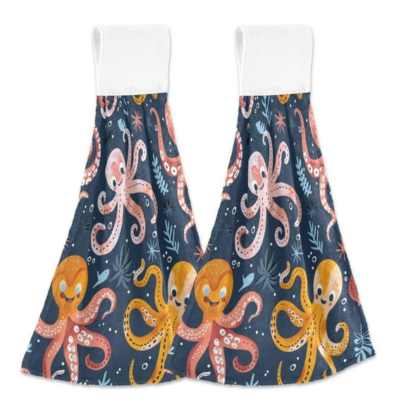2 Pcs Kitchen Hand Towels with Hanging Loops Absorbent Soft Fast Drying Decor Bath Towels Cartoon Funny Octopus